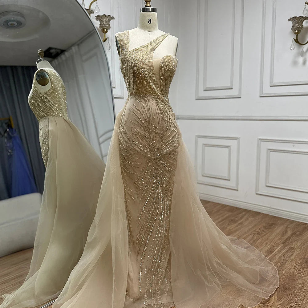 Luxury Dubai Nude Mermaid Green Evening Gown with Elegant One Shoulder Overskirt for Formal Occasion LA72031A