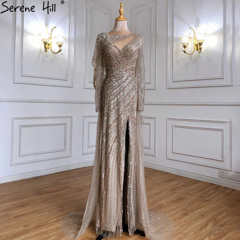 Luxury Dubai Brown Luxury Mermaid Evening Dress Gown Beaded Elegant High Split For Formal Occasion LA70301L