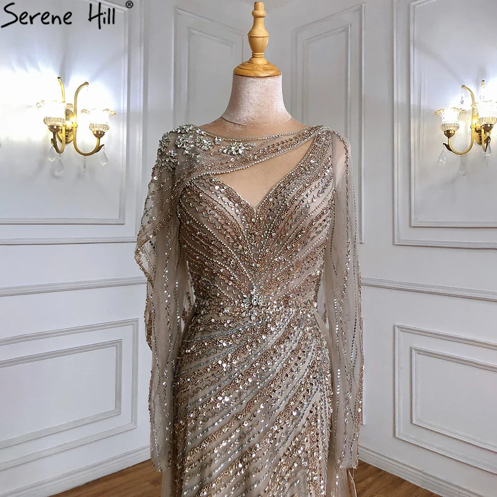 Luxury Dubai Brown Luxury Mermaid Evening Dress Gown Beaded Elegant High Split For Formal Occasion LA70301L