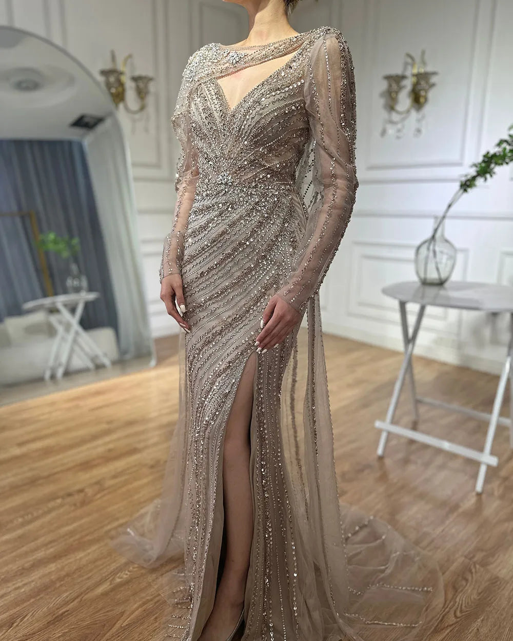 Luxury Dubai Brown Luxury Mermaid Evening Dress Gown Beaded Elegant High Split For Formal Occasion LA70301L