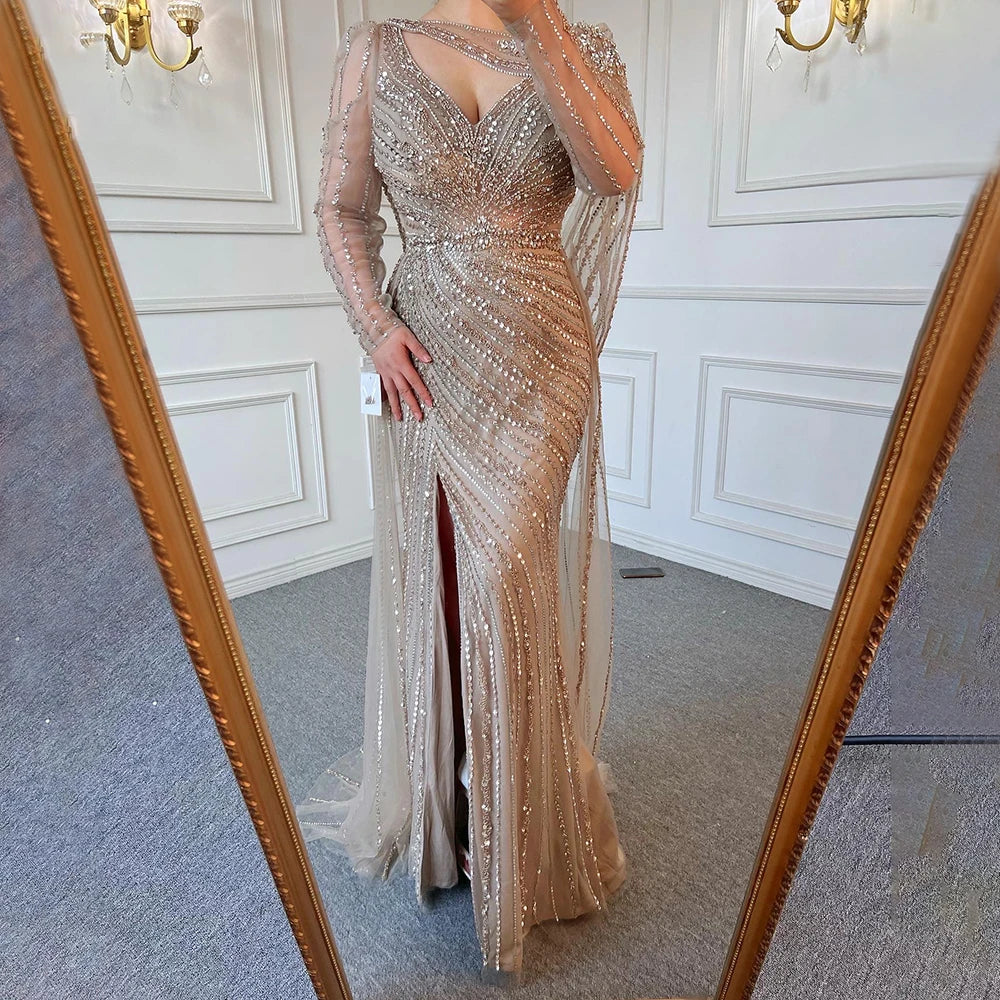 Luxury Dubai Brown Luxury Mermaid Evening Dress Gown Beaded Elegant High Split For Formal Occasion LA70301L