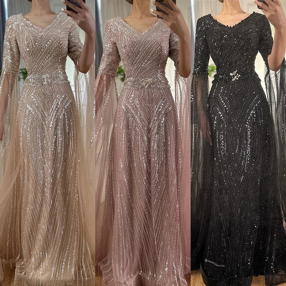 Luxury Dubai Caramel A-Line Beaded Evening Dress with Cape Sleeves LA72798