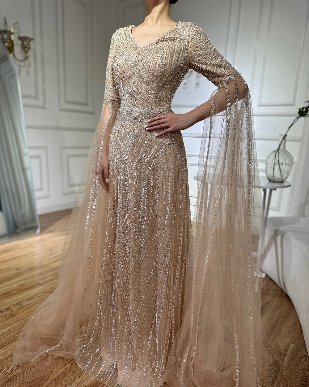 Luxury Dubai Caramel A-Line Beaded Evening Dress with Cape Sleeves LA72798