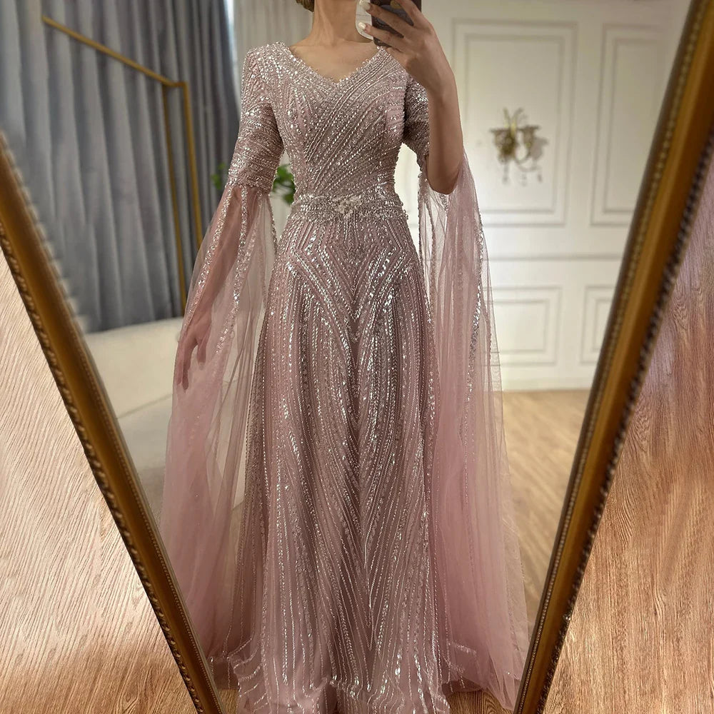 Luxury Dubai Caramel A-Line Beaded Evening Dress with Cape Sleeves LA72798