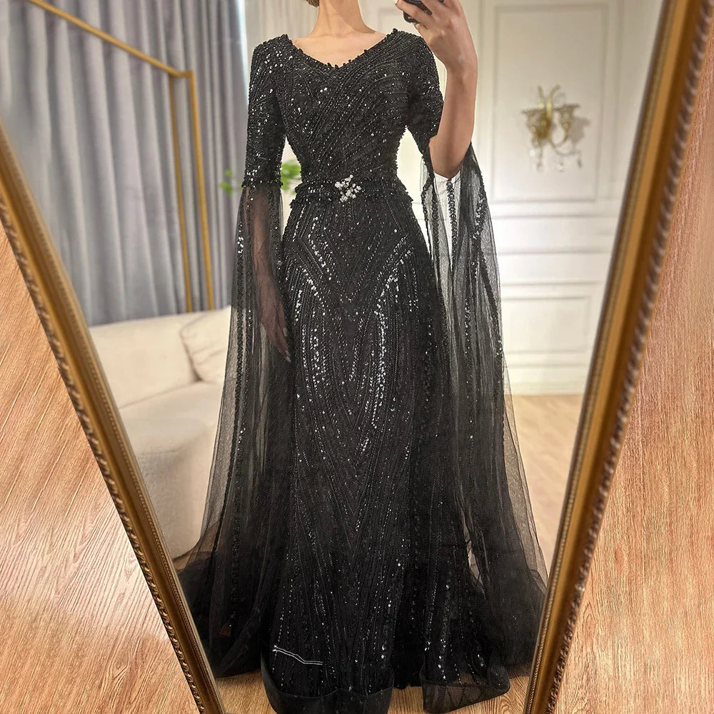 Luxury Dubai Caramel A-Line Beaded Evening Dress with Cape Sleeves LA72798