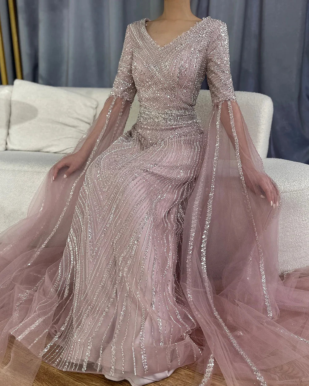 Luxury Dubai Caramel A-Line Beaded Evening Dress with Cape Sleeves LA72798