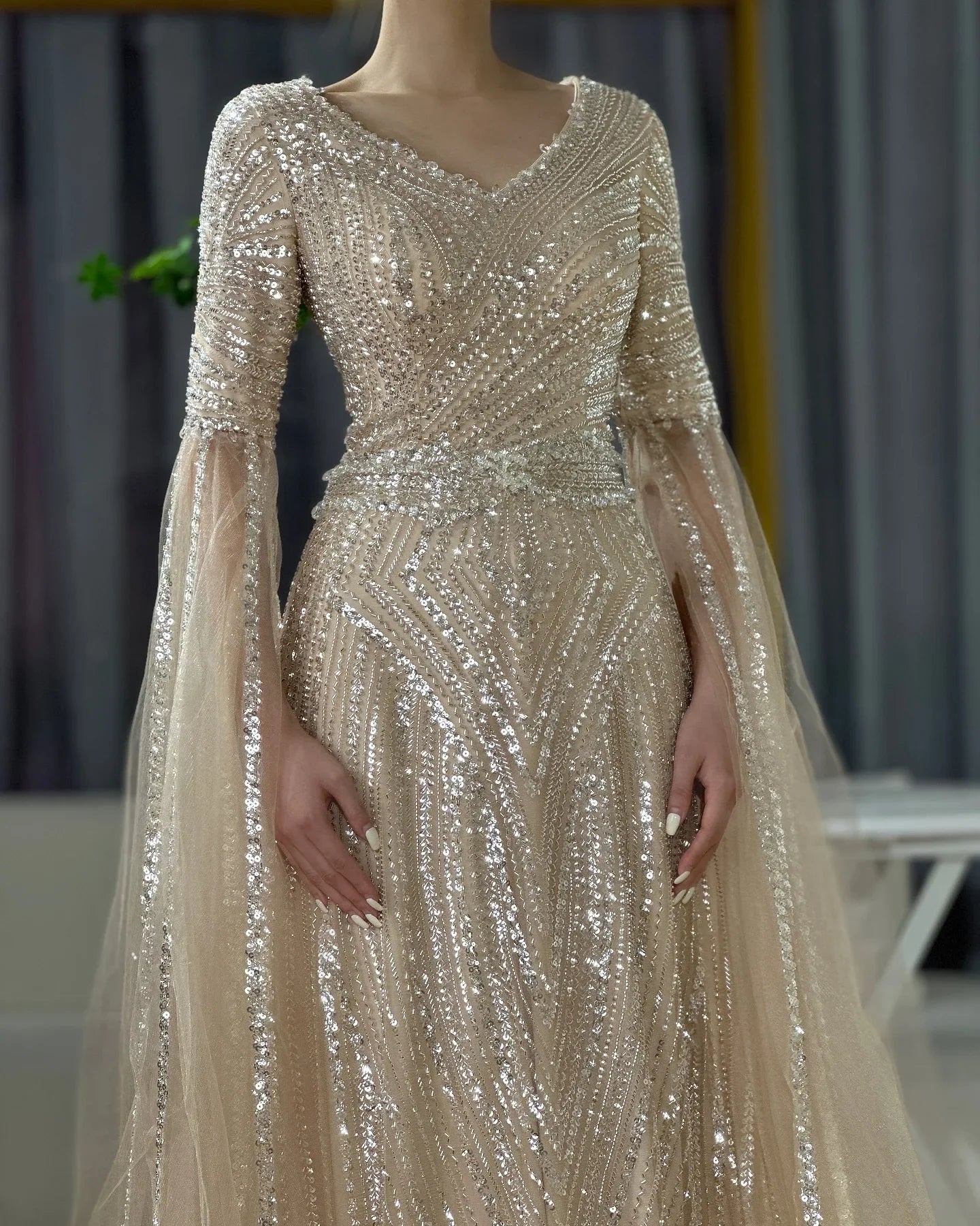 Luxury Dubai Caramel A-Line Beaded Evening Dress with Cape Sleeves LA72798