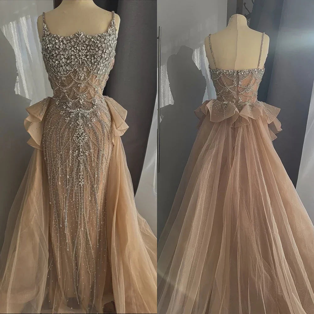 Luxury Dubai Nude Saudi Beaded Spaghetti Strap Evening Dresses Gowns with Overskirt for Formal Occasion LA72810