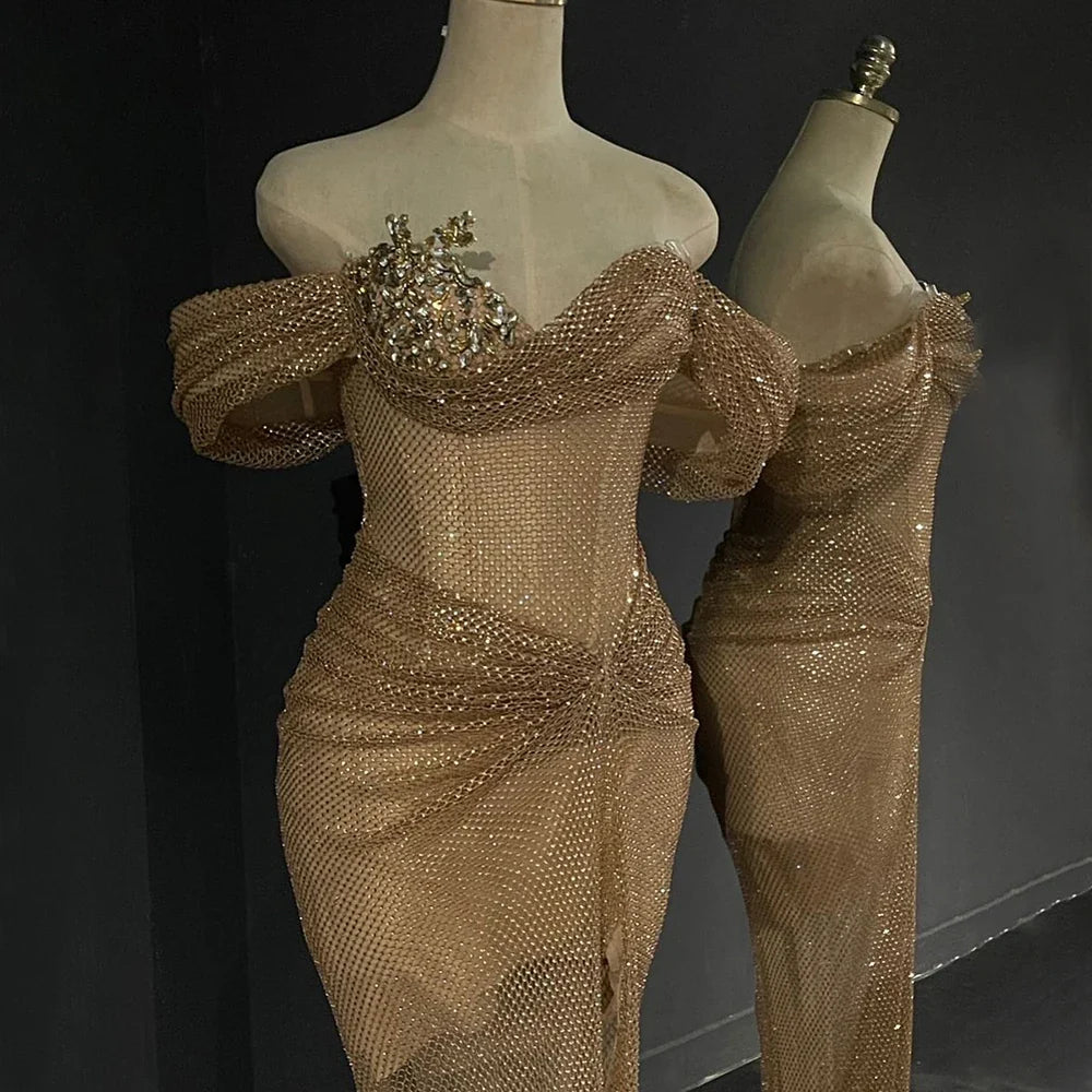 Luxury Dubai Nude Saudi Arabic Beaded High Split Evening Dresses Gowns for Formal Occasion LA72807