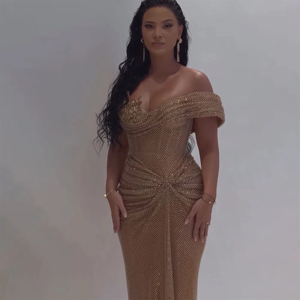 Luxury Dubai Nude Saudi Arabic Beaded High Split Evening Dresses Gowns for Formal Occasion LA72807
