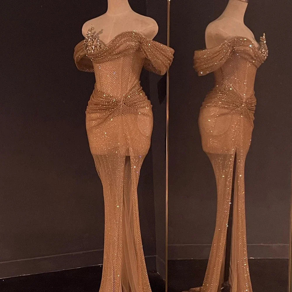 Luxury Dubai Nude Saudi Arabic Beaded High Split Evening Dresses Gowns for Formal Occasion LA72807