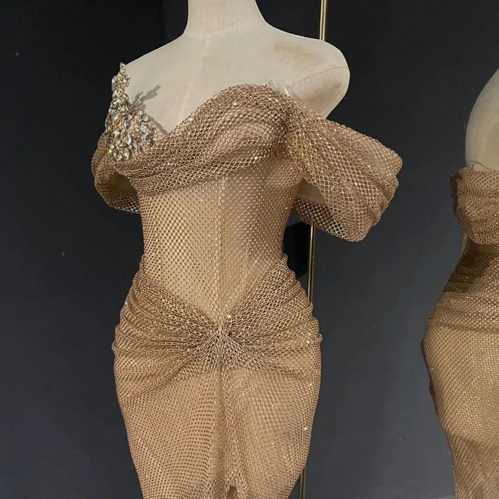 Luxury Dubai Nude Saudi Arabic Beaded High Split Evening Dresses Gowns for Formal Occasion LA72807