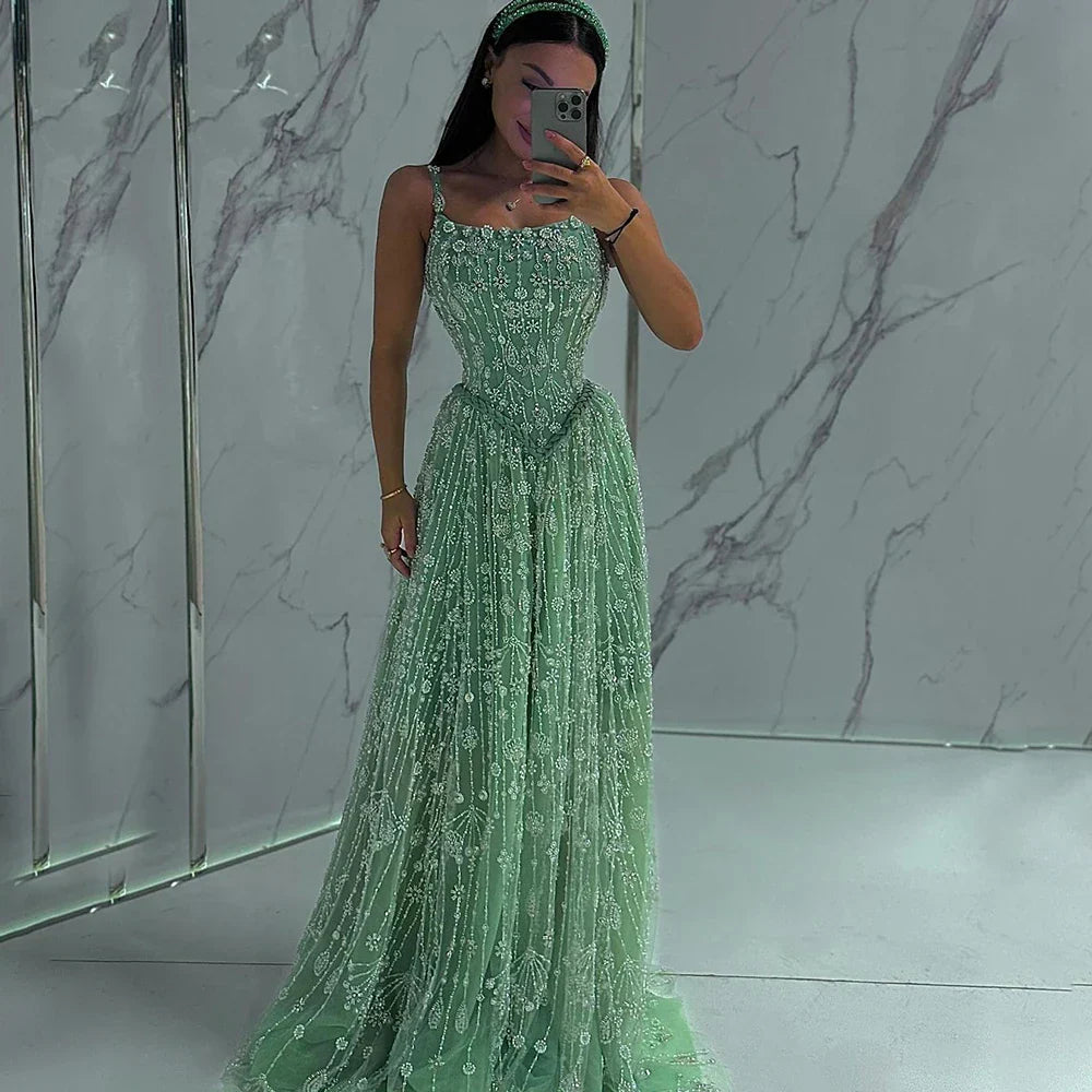 Luxury Sage Green Beaded A-Line Spaghetti Strap Evening Dress LA72805