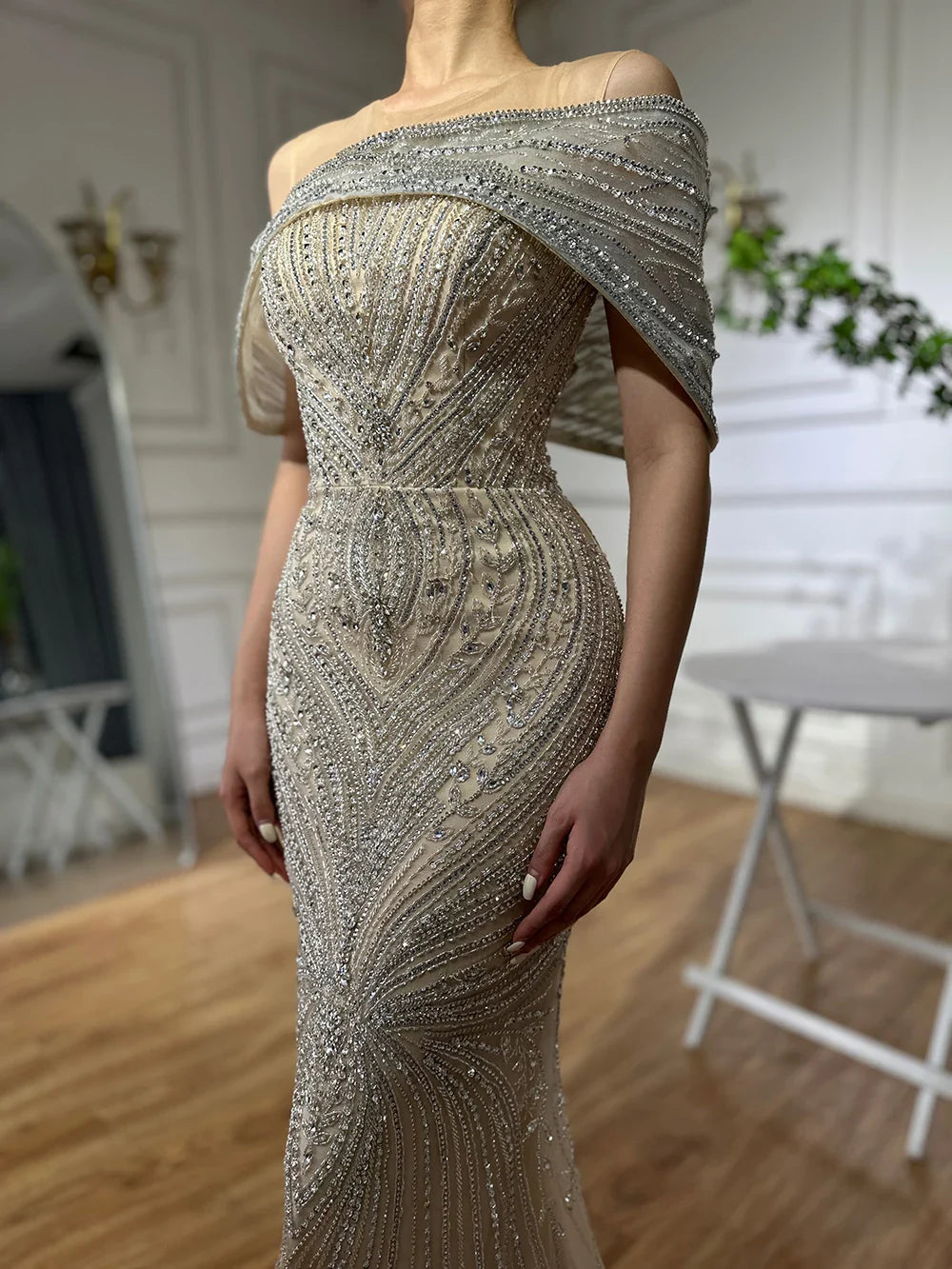 Luxury Dubai Saudi Arabic Silver Nude Beaded Mermaid Evening Dress Gown for Formal Occasion LA72800