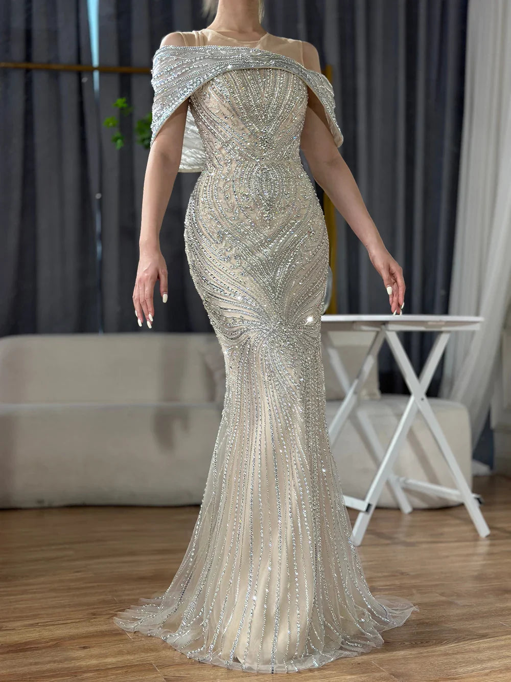 Luxury Dubai Saudi Arabic Silver Nude Beaded Mermaid Evening Dress Gown for Formal Occasion LA72800
