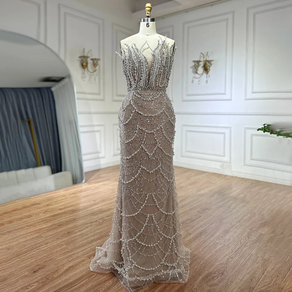 Luxury Dubai Nude Saudi Pearls Beaded Mermaid Evening Dresses Gowns for Formal Occasion LA72816