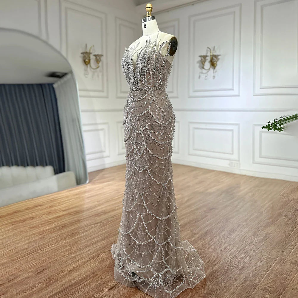 Luxury Dubai Nude Saudi Pearls Beaded Mermaid Evening Dresses Gowns for Formal Occasion LA72816