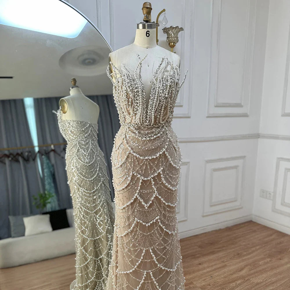 Luxury Dubai Nude Saudi Pearls Beaded Mermaid Evening Dresses Gowns for Formal Occasion LA72816