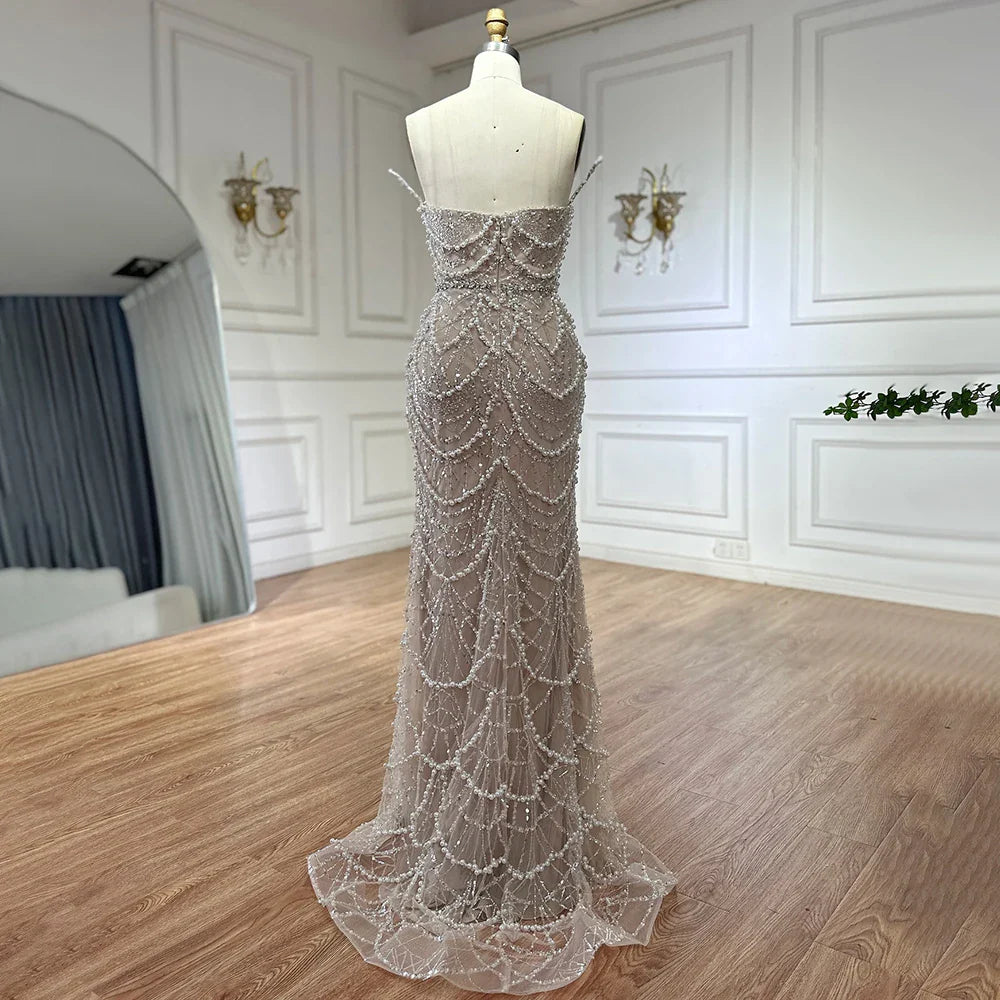 Luxury Dubai Nude Saudi Pearls Beaded Mermaid Evening Dresses Gowns for Formal Occasion LA72816