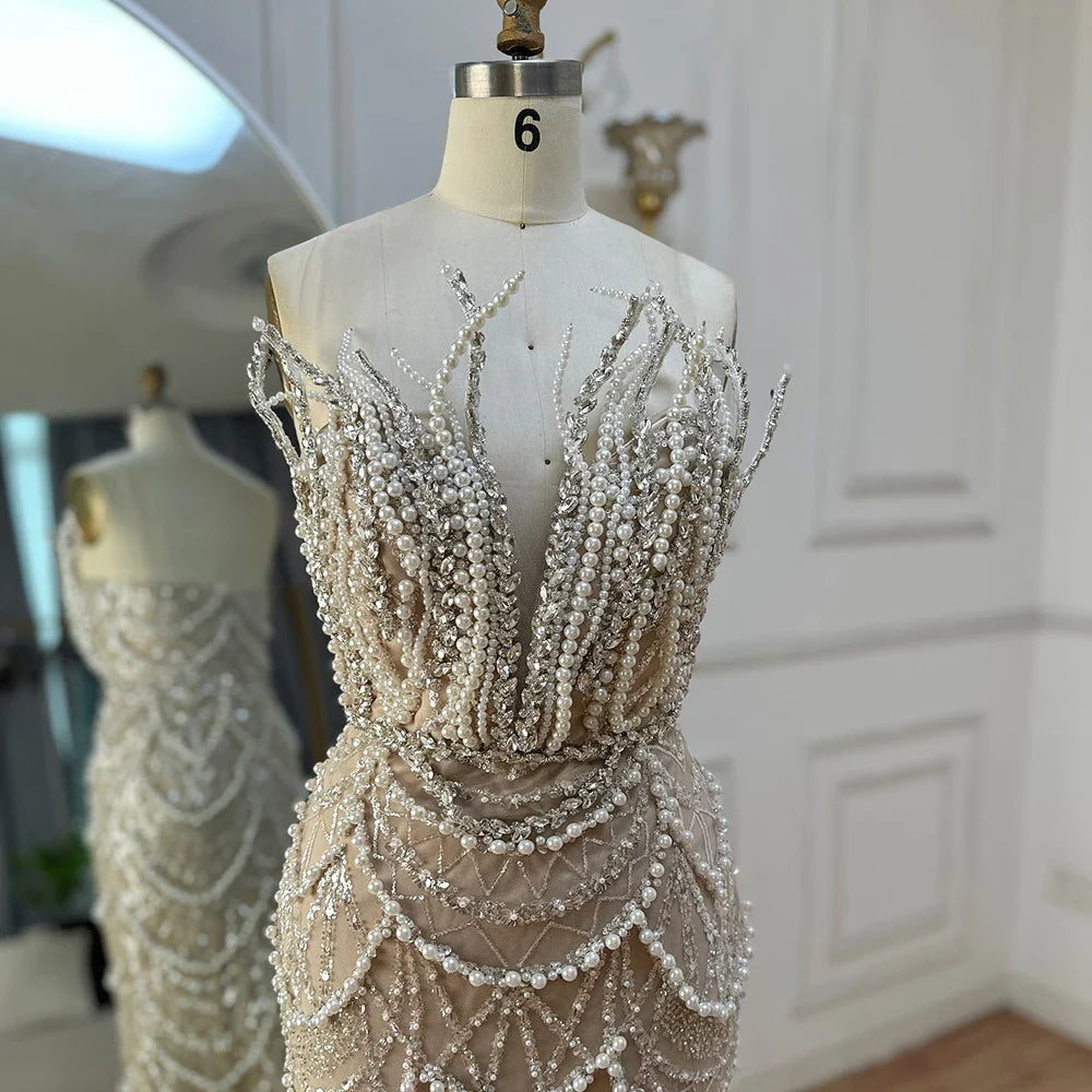 Luxury Dubai Nude Saudi Pearls Beaded Mermaid Evening Dresses Gowns for Formal Occasion LA72816
