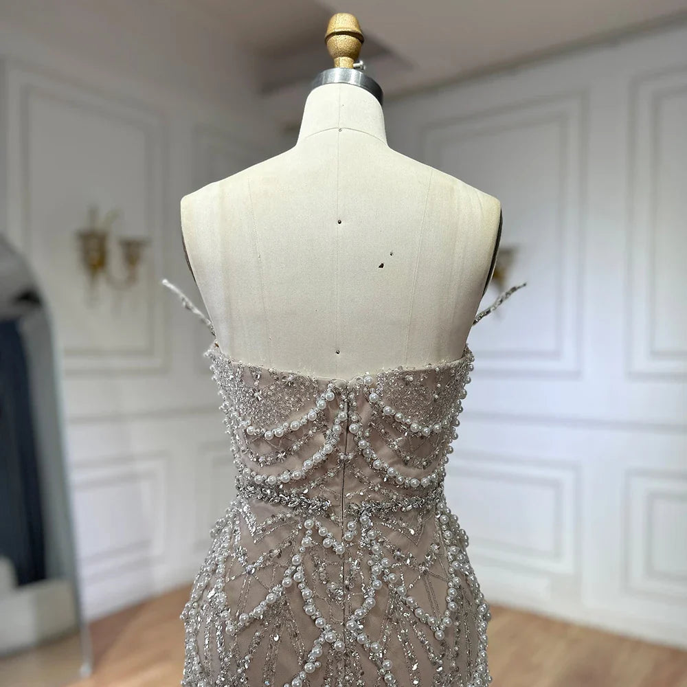 Luxury Dubai Nude Saudi Pearls Beaded Mermaid Evening Dresses Gowns for Formal Occasion LA72816