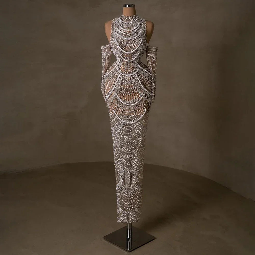 Luxury Dubai Arabia Nude Mermaid Elegant Evening Dress Gowns with Pearls Beaded for Formal Occasion LA72091A