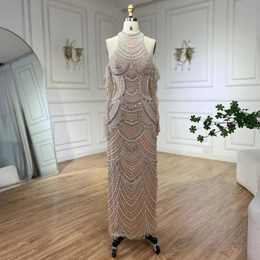 Luxury Dubai Arabia Nude Mermaid Elegant Evening Dress Gowns with Pearls Beaded for Formal Occasion LA72091A