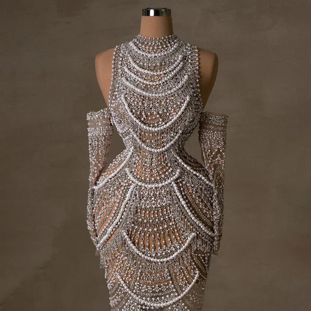 Luxury Dubai Arabia Nude Mermaid Elegant Evening Dress Gowns with Pearls Beaded for Formal Occasion LA72091A
