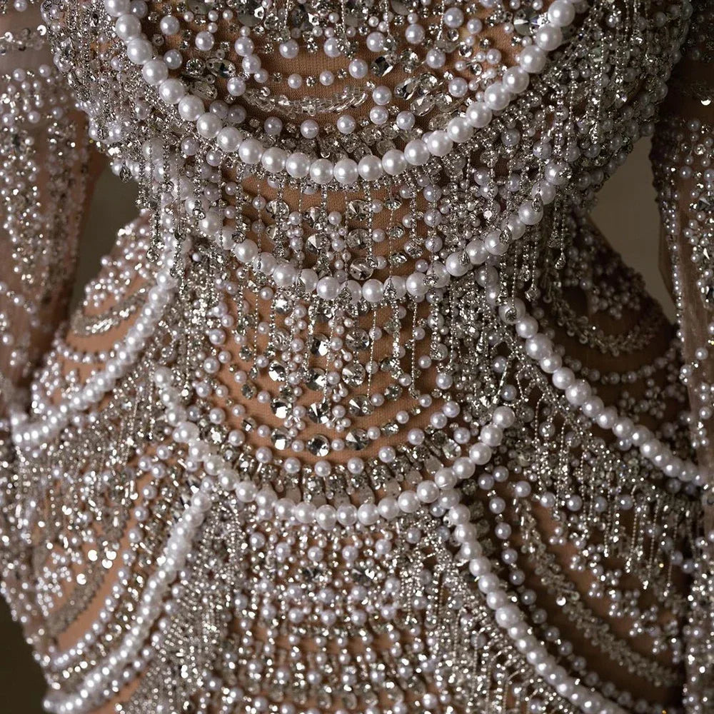 Luxury Dubai Arabia Nude Mermaid Elegant Evening Dress Gowns with Pearls Beaded for Formal Occasion LA72091A