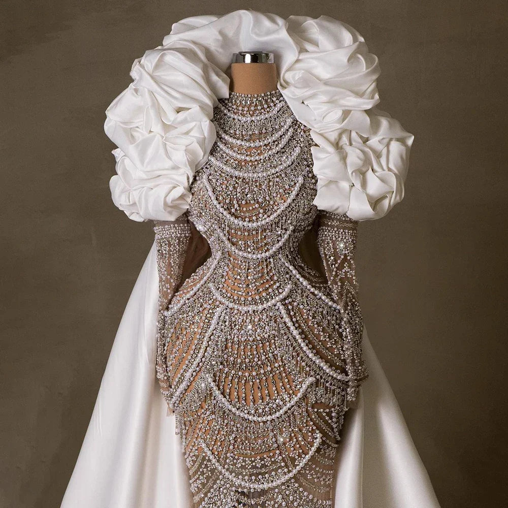 Luxury Dubai Arabia Nude Mermaid Elegant Evening Dress Gowns with Pearls Beaded for Formal Occasion LA72091A