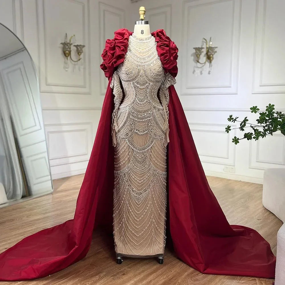 Luxury Dubai Arabia White Nude Pearls Beaded Mermaid Long Cloak Dubai Evening Dress for Formal Occasion LA72091C