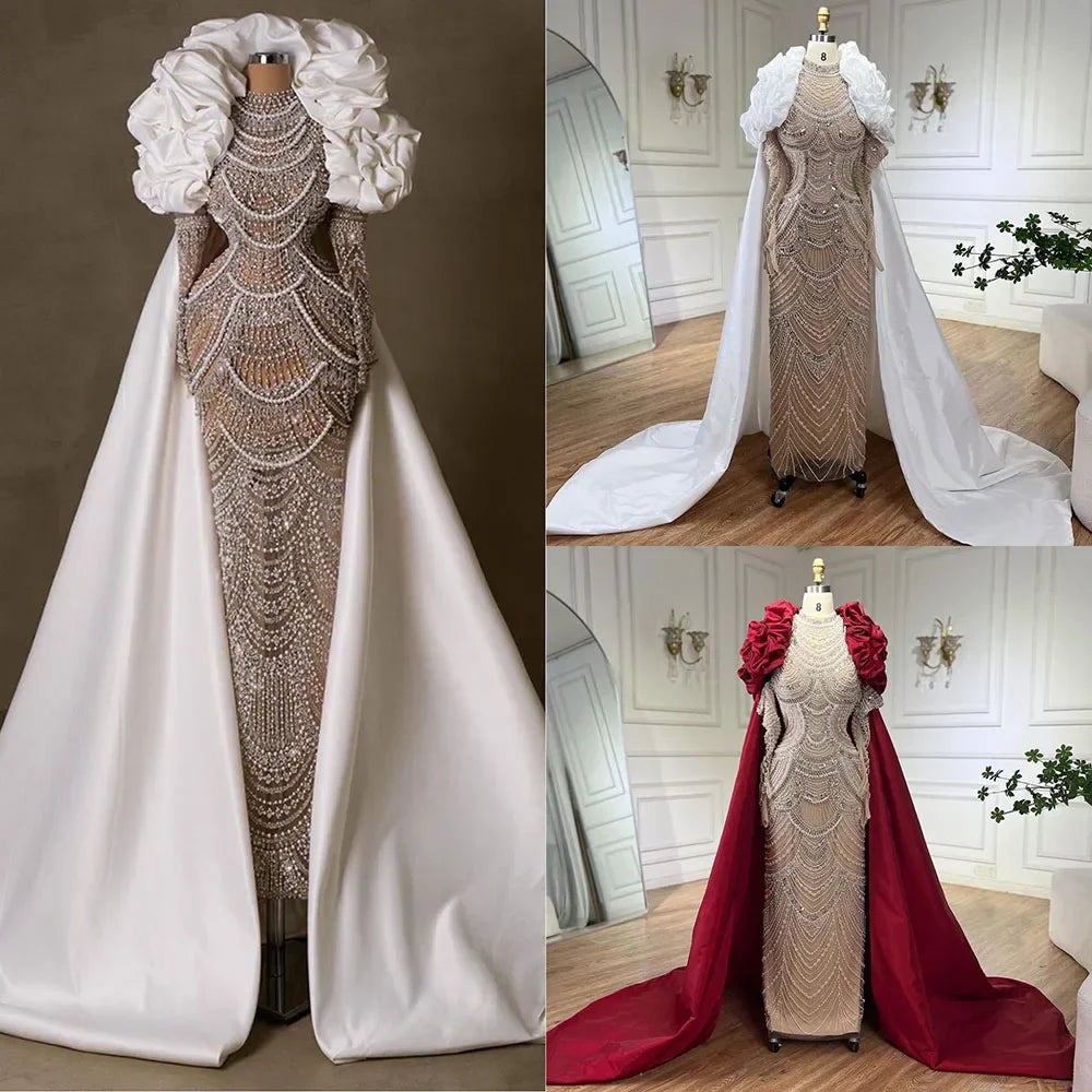 Luxury Dubai Arabia White Nude Pearls Beaded Mermaid Long Cloak Dubai Evening Dress for Formal Occasion LA72091C