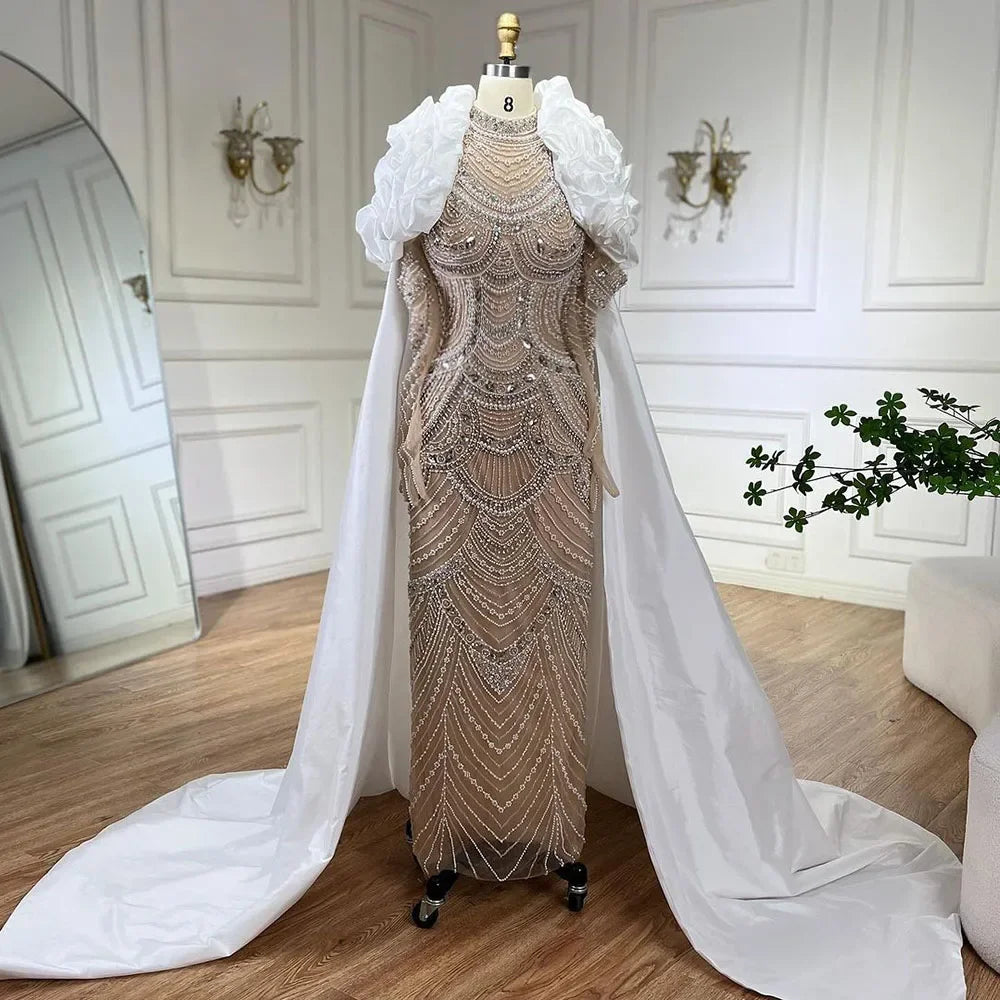 Luxury Dubai Arabia White Nude Pearls Beaded Mermaid Long Cloak Dubai Evening Dress for Formal Occasion LA72091C