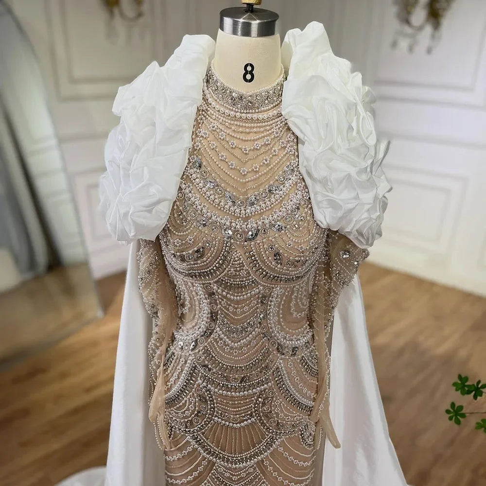 Luxury Dubai Arabia White Nude Pearls Beaded Mermaid Long Cloak Dubai Evening Dress for Formal Occasion LA72091C