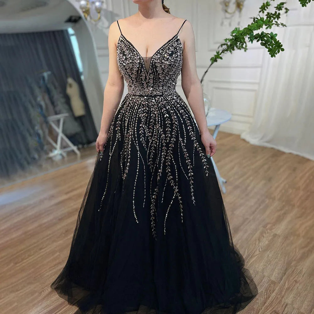 Luxury Dubai Arabic Long A-Line Spaghetti Strap Graduation School Party Gown Celebrity Prom Dresses LA71887