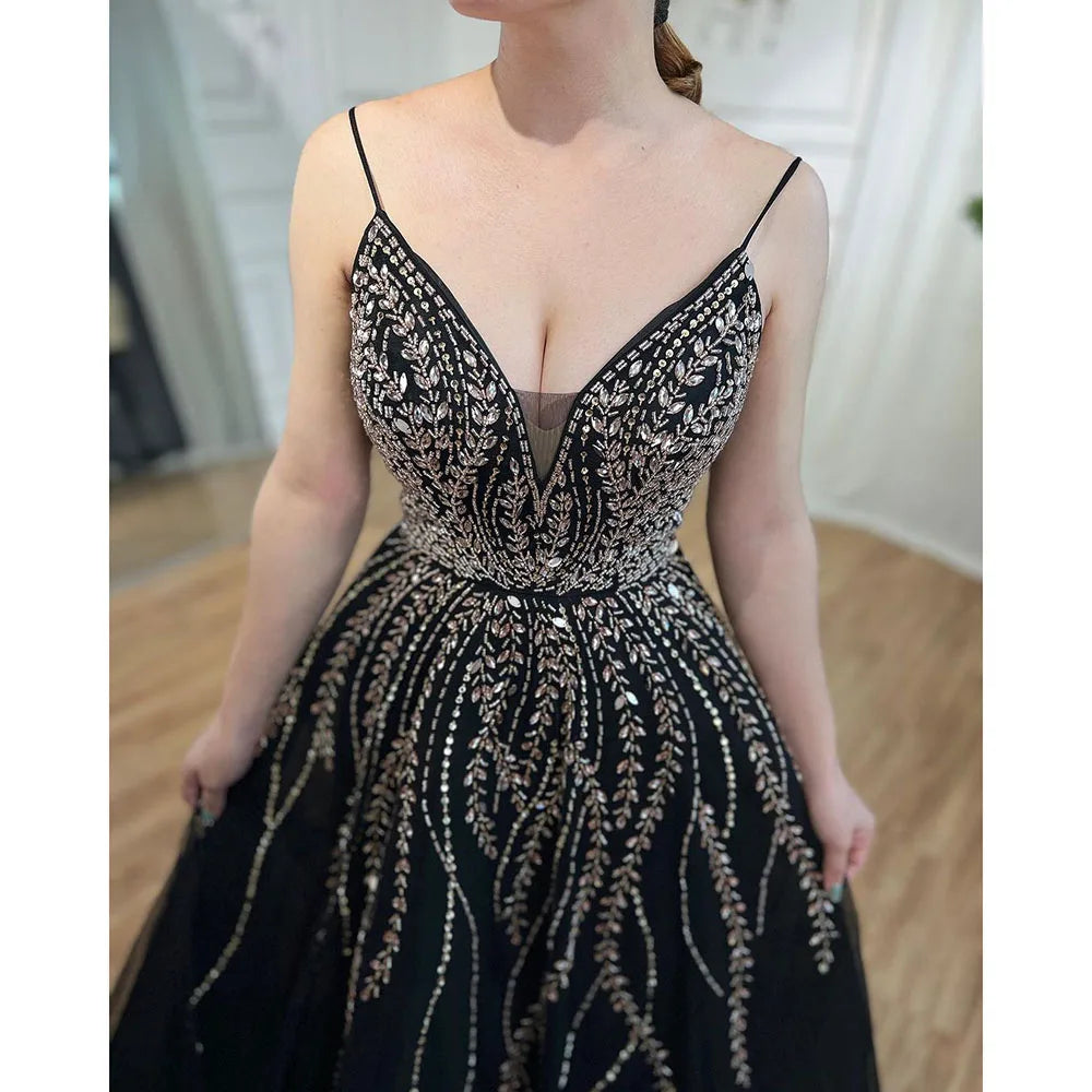 Luxury Dubai Arabic Long A-Line Spaghetti Strap Graduation School Party Gown Celebrity Prom Dresses LA71887