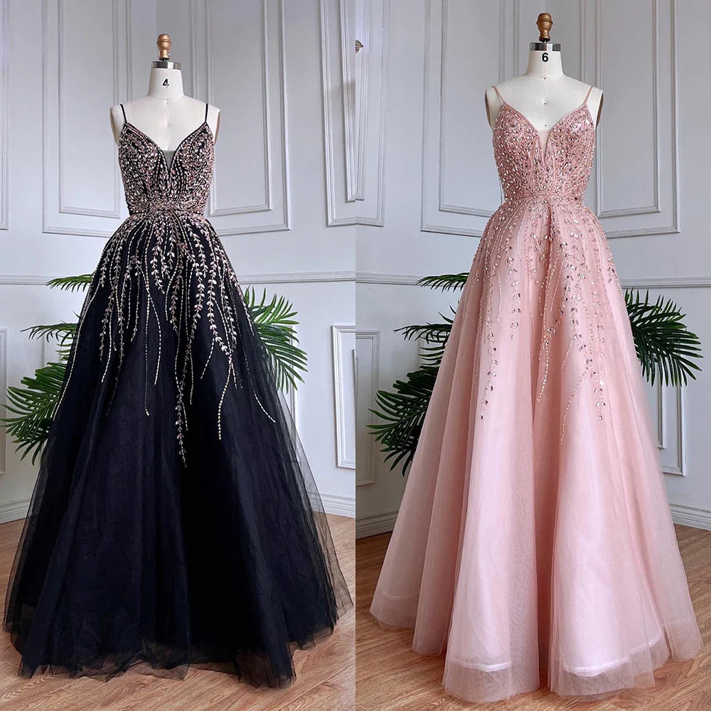 Luxury Dubai Arabic Long A-Line Spaghetti Strap Graduation School Party Gown Celebrity Prom Dresses LA71887