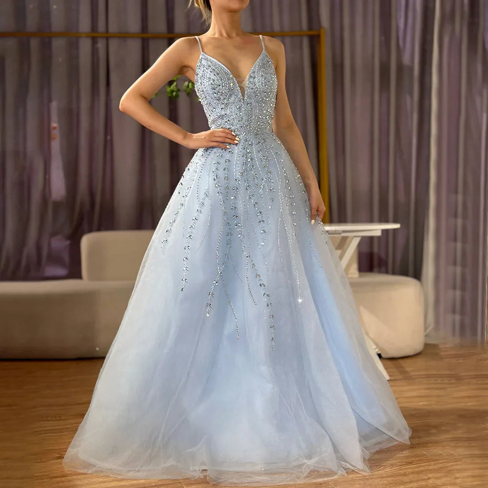 Luxury Dubai Arabic Long A-Line Spaghetti Strap Graduation School Party Gown Celebrity Prom Dresses LA71887