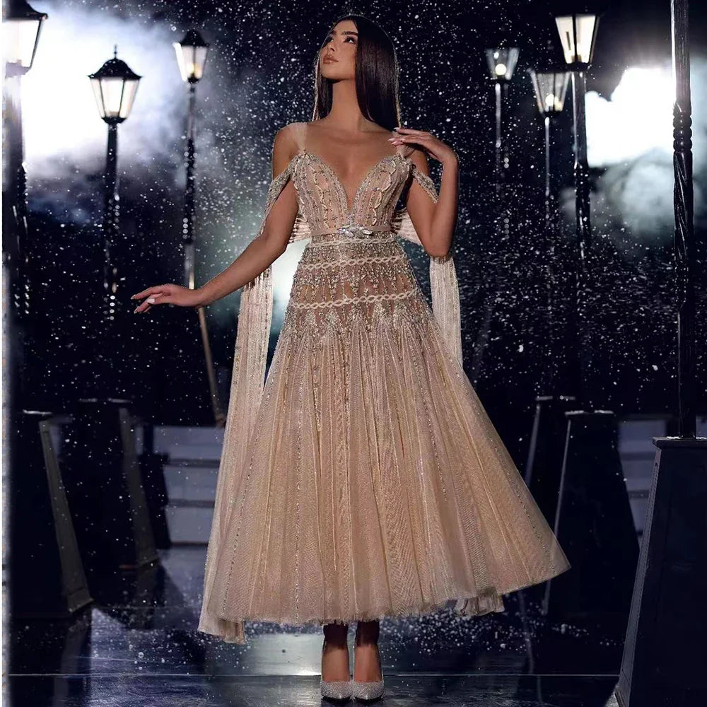 Luxury Dubai Arabic Nude A-Line Midi Straps Beaded Evening Dresses Gowns For Women Wedding Party LA71911