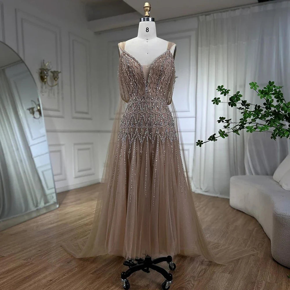 Luxury Dubai Arabic Nude A-Line Midi Straps Beaded Evening Dresses Gowns For Women Wedding Party LA71911