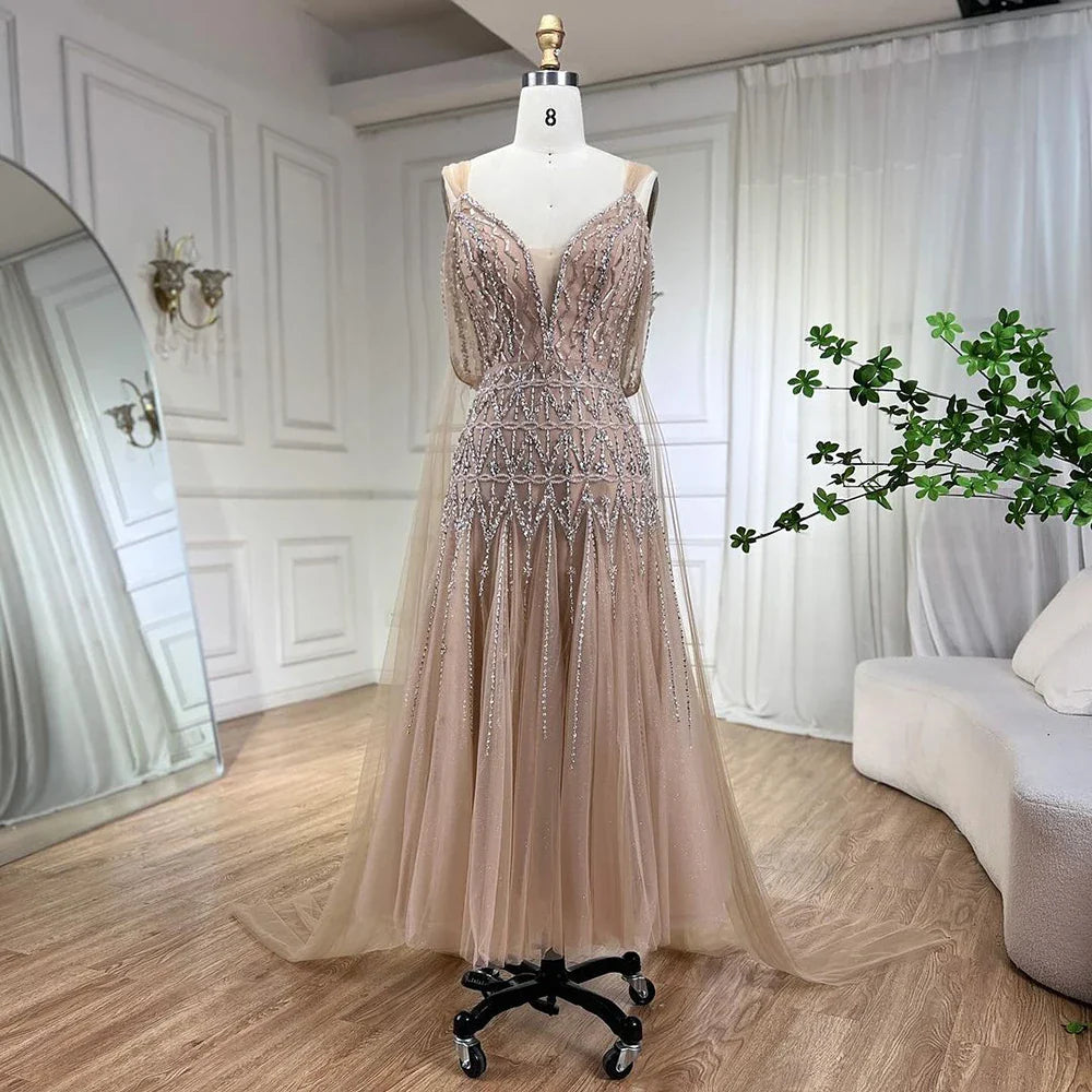 Luxury Dubai Arabic Nude A-Line Midi Straps Beaded Evening Dresses Gowns For Women Wedding Party LA71911