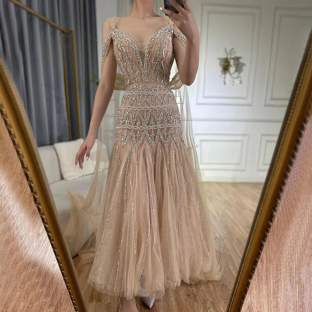 Luxury Dubai Arabic Nude A-Line Midi Straps Beaded Evening Dresses Gowns For Women Wedding Party LA71911