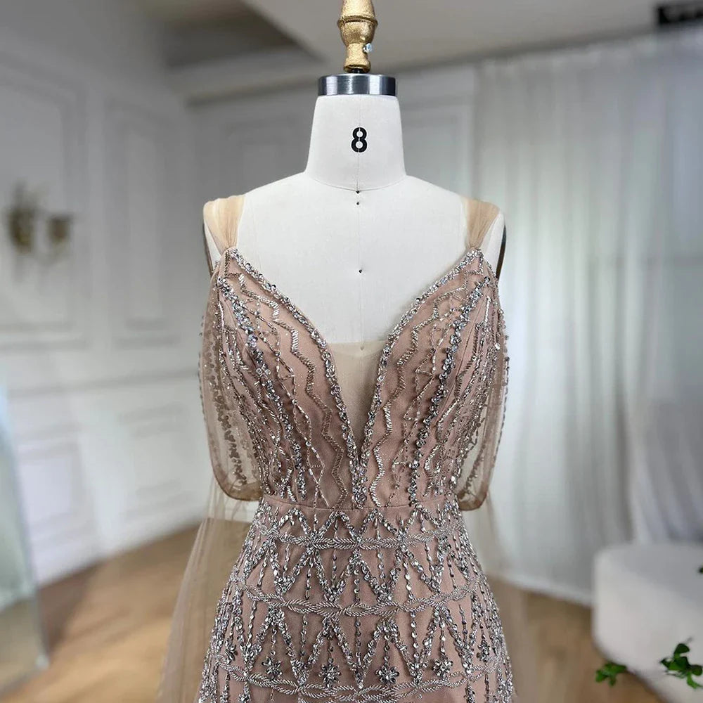 Luxury Dubai Arabic Nude A-Line Midi Straps Beaded Evening Dresses Gowns For Women Wedding Party LA71911