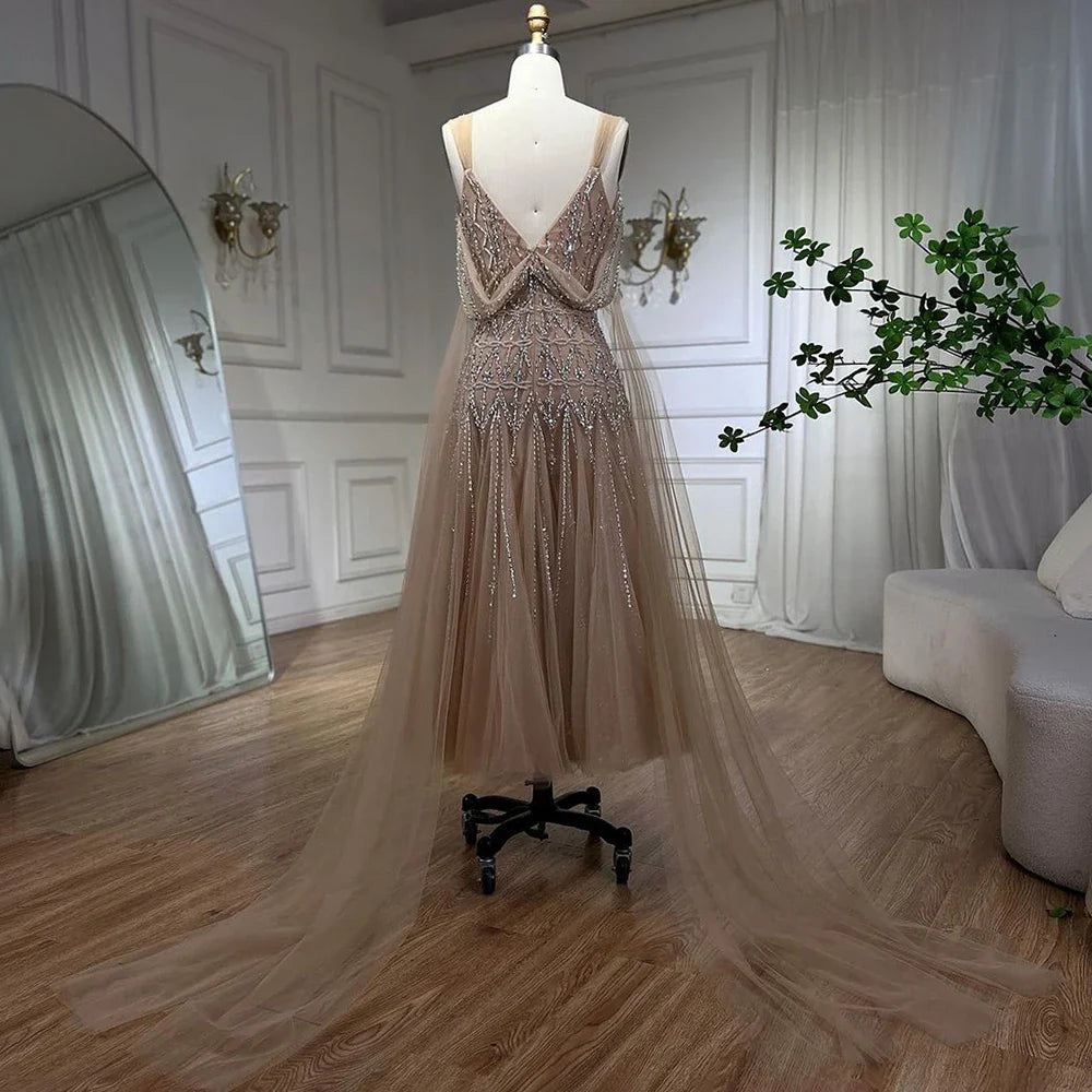 Luxury Dubai Arabic Nude A-Line Midi Straps Beaded Evening Dresses Gowns For Women Wedding Party LA71911