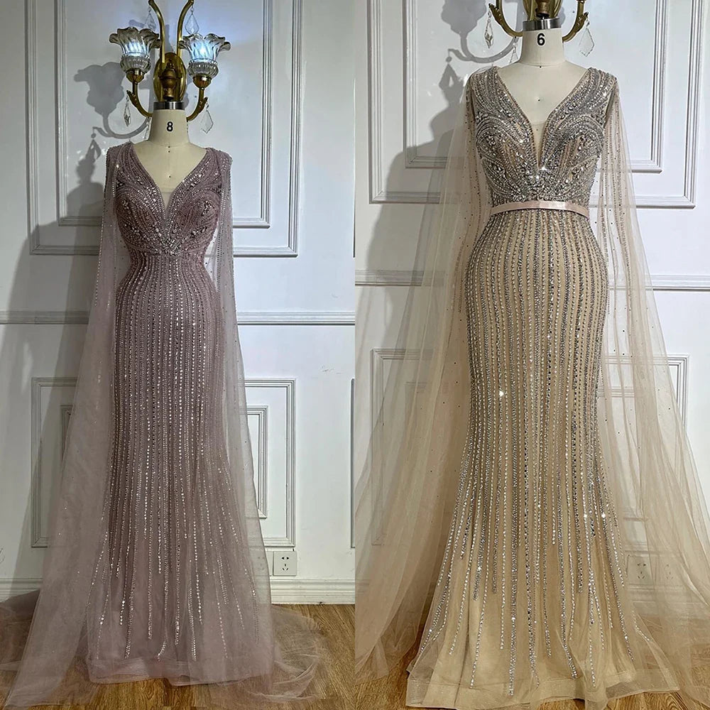 Luxury Dubai Pink Cape Sleeves Beaded Evening Dresses Gowns For Women Wedding Party LA72864