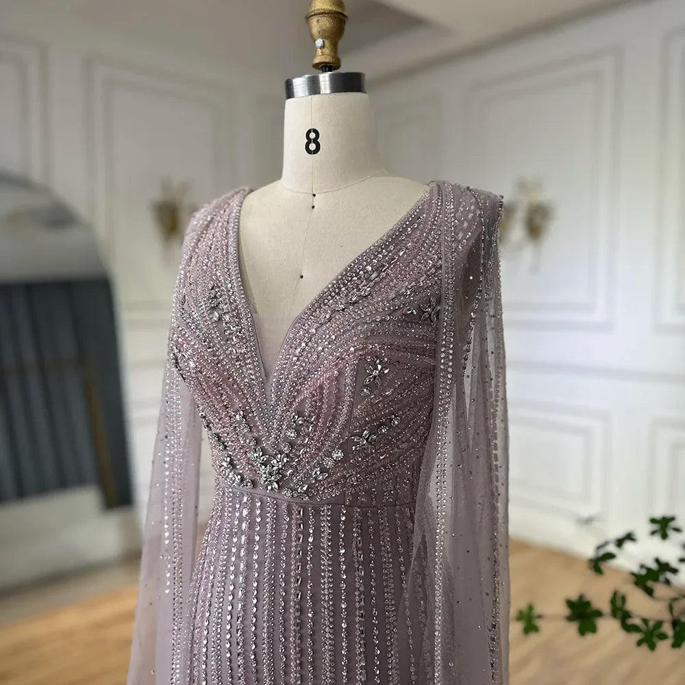 Luxury Dubai Pink Cape Sleeves Beaded Evening Dresses Gowns For Women Wedding Party LA72864