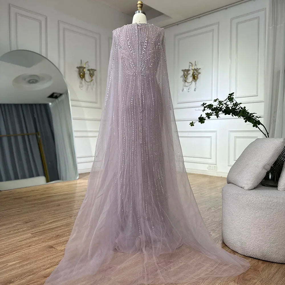 Luxury Dubai Pink Cape Sleeves Beaded Evening Dresses Gowns For Women Wedding Party LA72864