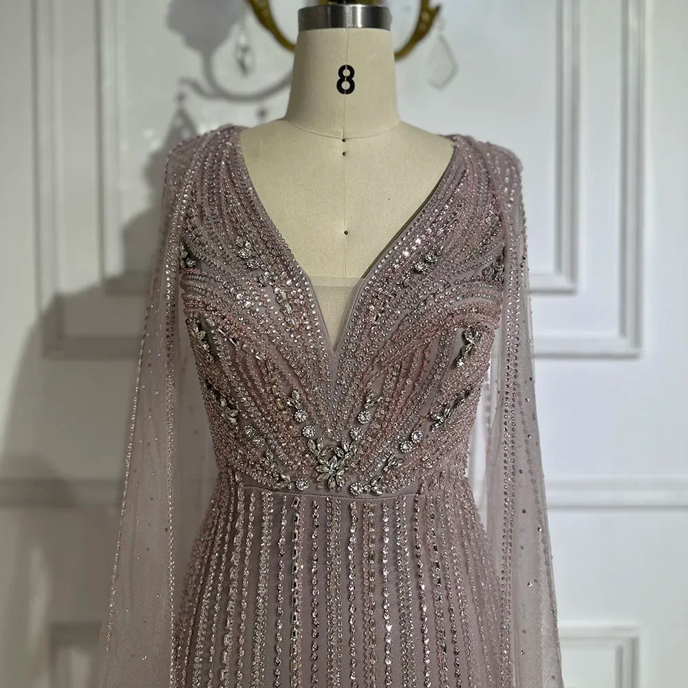 Luxury Dubai Pink Cape Sleeves Beaded Evening Dresses Gowns For Women Wedding Party LA72864