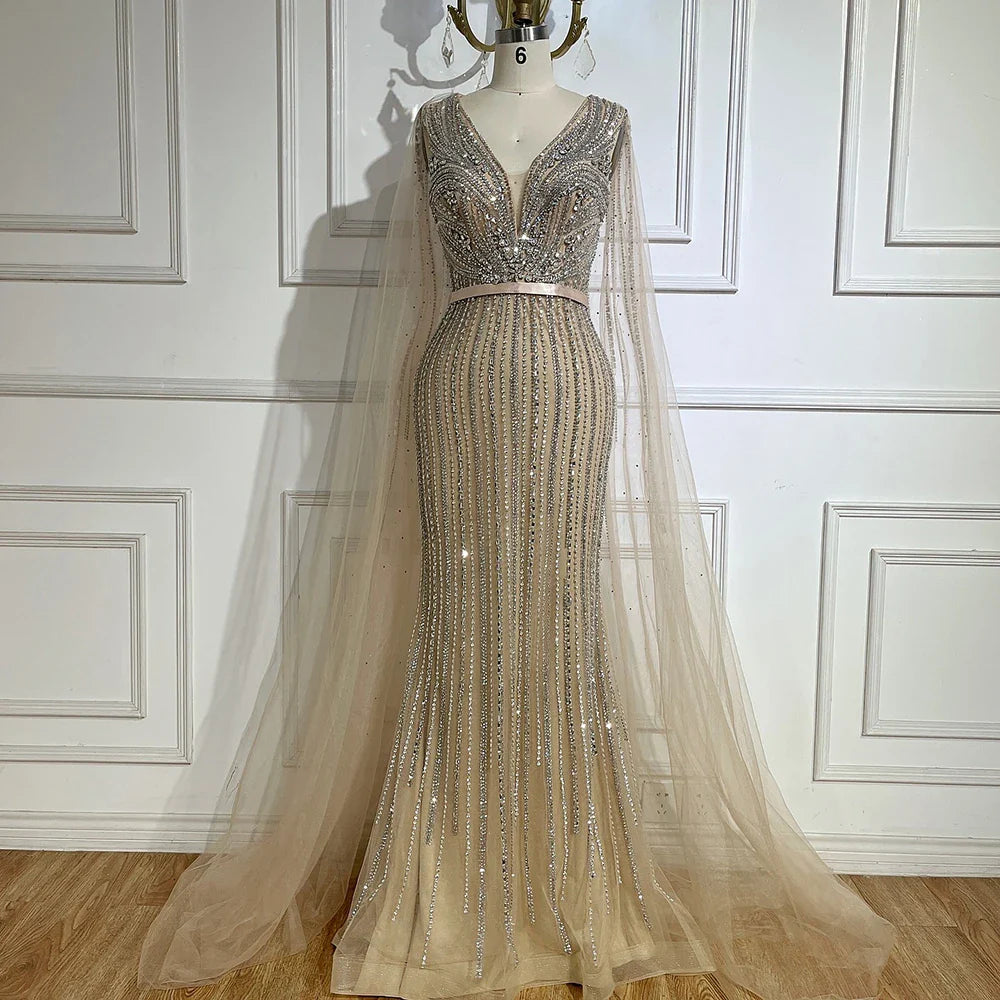 Luxury Dubai Pink Cape Sleeves Beaded Evening Dresses Gowns For Women Wedding Party LA72864
