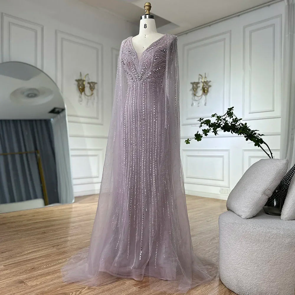 Luxury Dubai Pink Cape Sleeves Beaded Evening Dresses Gowns For Women Wedding Party LA72864